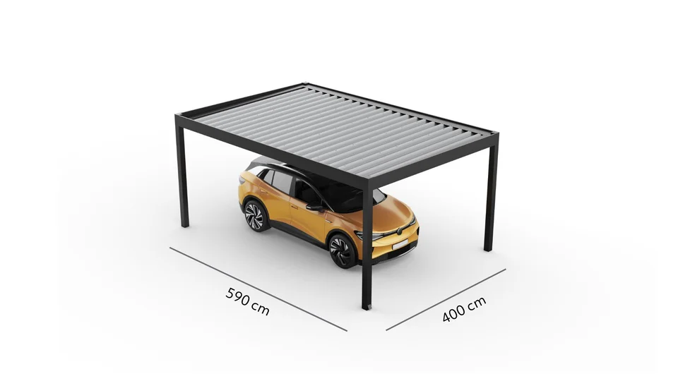 ein orangenes Auto unter einem Carport