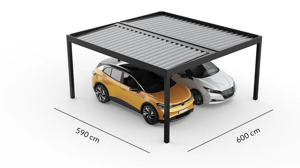 ein orangenes Auto und ein weißes Auto unter einem Doppelcarport