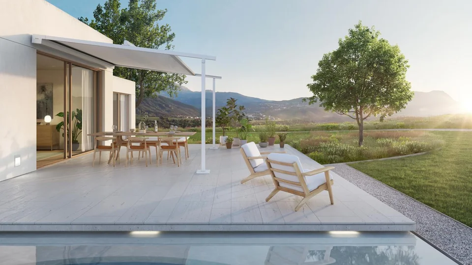 Pergolamarkise P20 auf Terrasse vor Pool 
